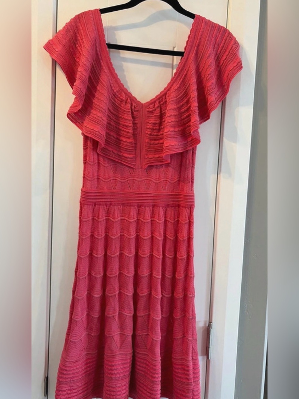 Missoni Coral-Pink Knit Midi Dress with Ruffle Yoke